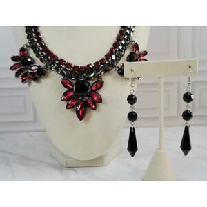 Erica Lyons Black Red Crystal Statement Necklace Set Dangle Earrings